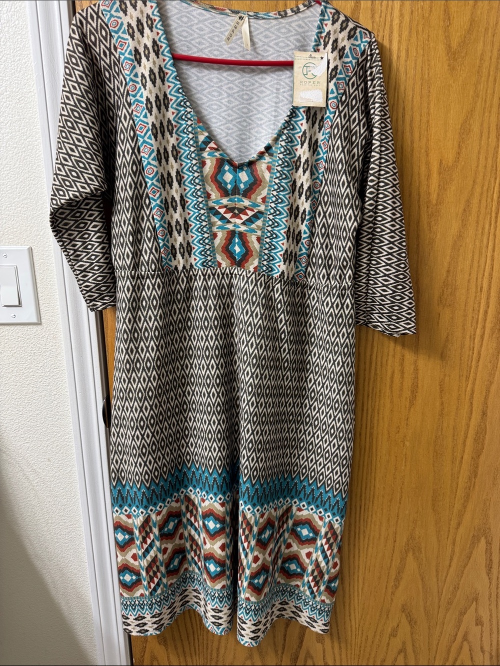 Roper Turquoise, khaki green & Cream V-Neck Tunic Dress new with tags!